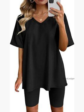 Two Piece Outfits Summer V Neck T Shirt Top Biker Shorts Workout Set